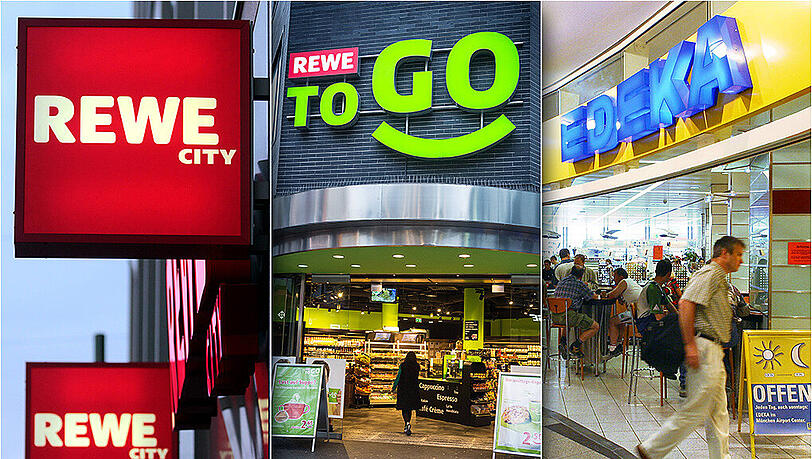 Bei "Rewe to Go" (m.) gibt es vor allem Lebensmittel zum Sofortverzehr. Bei "Edeka" (r.) kann man gleich vor Ort im Bistro essen. "Rewe City" hat ein kleineres Sortiment als andere Märkte der Marke.