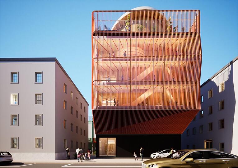 Drei Stockwerke, eine begrünte Rondell-Dachterrasse und orangene Lamellen: Architekt Francis Kéré will in der Gabelsbergerstraße zeigen, dass eine Kindertagesstätte durchaus auch modern aussehen kann.