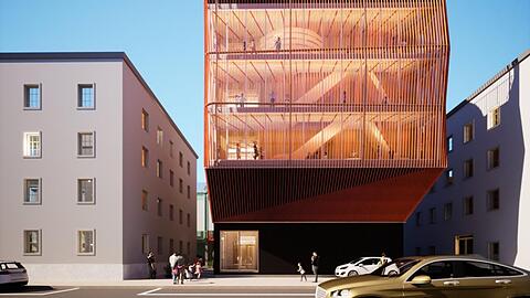 Drei Stockwerke, eine begrünte Rondell-Dachterrasse und orangene Lamellen: Architekt Francis Kéré will in der Gabelsbergerstraße zeigen, dass eine Kindertagesstätte durchaus auch modern aussehen kann.