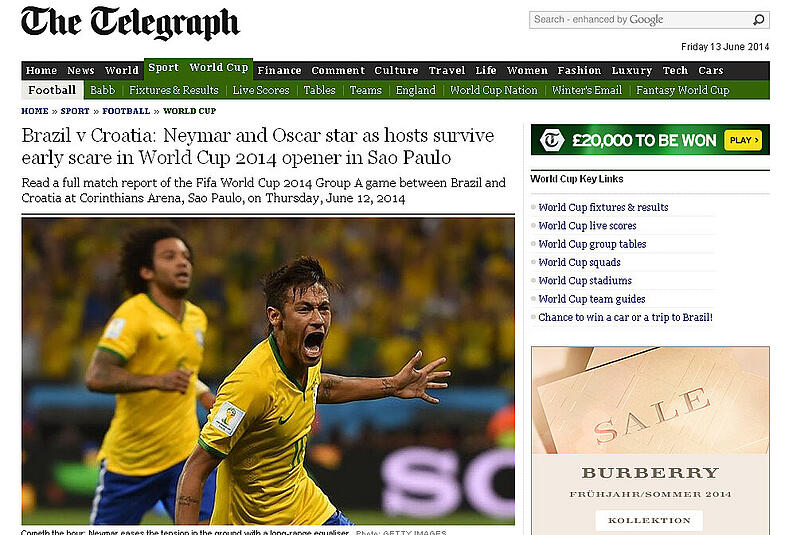 thetelegraph.co.uk (England): "Neymar und Oscar brillieren beim holprigen Auftakt des Gastgebers beim WM-Start in Sao Paulo."