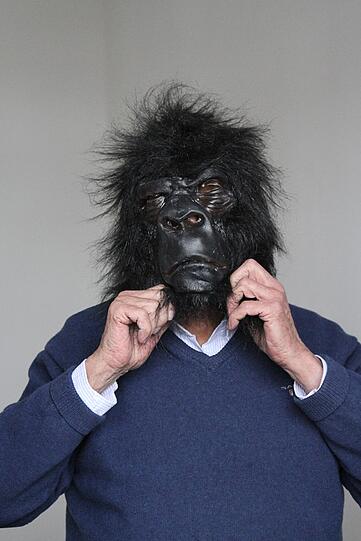 Eine wilde Affenbande fegt durch die Wohnung und renoviert. Wer sich wohl hinter dieser Maske versteckt...