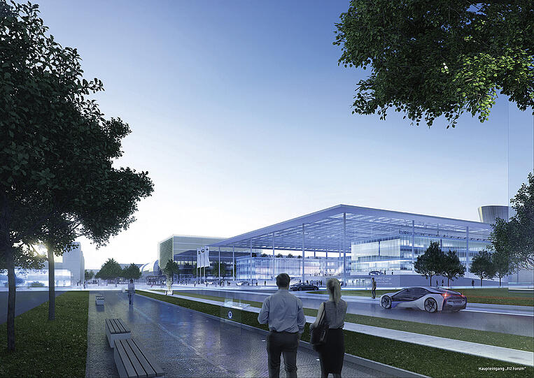 Das Fordschungszentrum von BMW prägt das Stadtviertel und soll in Zukunft mit dem öffentlichen Raum verschmelzen. Visualisierung: BMW Group