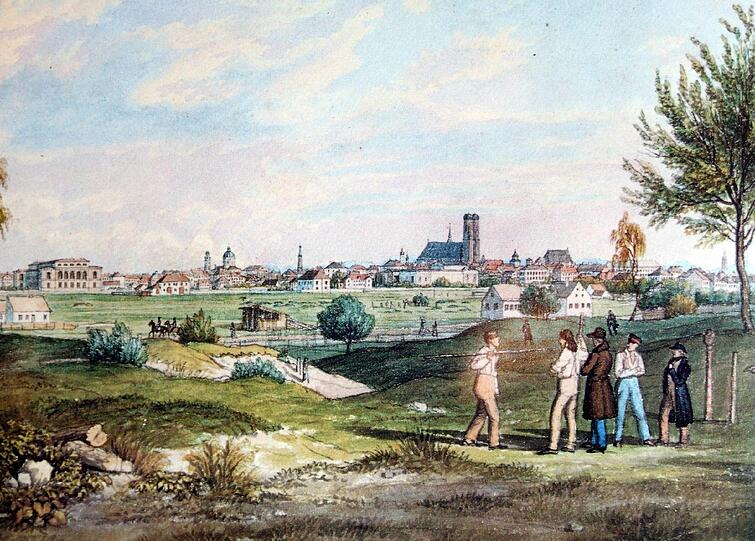 Das Oberwiesenfeld auf einem Gemälde von Caspar Klotz aus dem Jahr 1835: So leer war es also mal in Moosach.