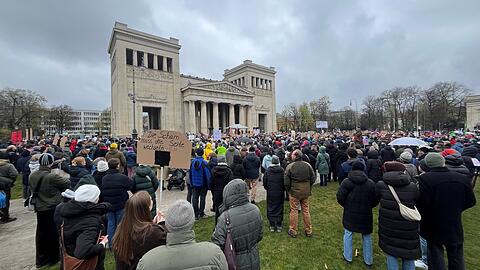 Im Schatten der Propyl&auml;en haben sich die Demonstranten versammelt um ihrer Wut Ausdruck zu geben.