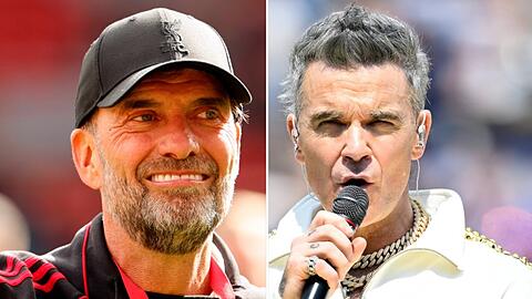J&uuml;rgen Klopp (l.) und Robbie Williams sorgten in der Nacht zu Montag f&uuml;r einen denkw&uuml;rdigen TV-Moment.