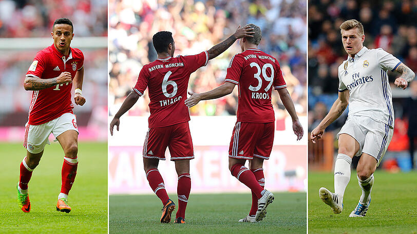 Stehen am Mittwoch im Viertelfinal-Knallöer der Champions League im Fokus: Thiago (FC Bayern) und Toni Kroos (Real Madrid).
