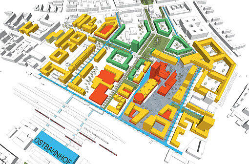 Das neue Gelände am Ostbahnhof: Grün ist Wohnen, Gelb ist Arbeiten, Rot ist Freizeit, Sport und Einkaufen, Blau Straßen und Wege.