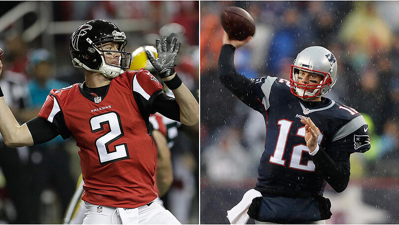 Duell der Quarterback-Stars im Superbowl: Matt Ryan (l.) von den Atlanta Falcons gegen Tom Brady von den New England Patriots. Duell der Quarterback-Stars im Superbowl: Matt Ryan (l.) von den Atlanta Falcons gegen Tom Brady von den New England Patriots.