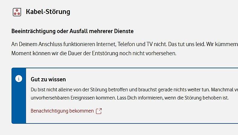Gibt man auf der Vodafone-Webpage eine der vom Ausfall betroffenen Adressen ein, bekommt man folgende Informationen.