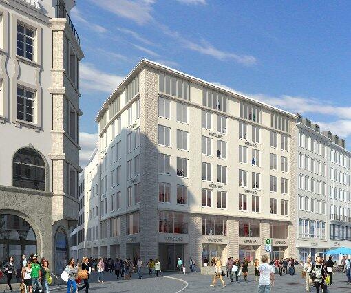 So wird das neue &bdquo;Hugendubelhaus&ldquo; am Marienplatz. In den oberen Stockwerken zieht das Geisel Hotel ein.