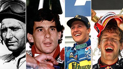 Weltstars der Formel-1-Geschichte: Juan Manuel Fangio,Ayrton Senne, Michael Schumacher, Sebastian Vettel (v.l.n.r.)