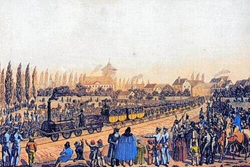 Aufbruch in die moderne Nervosität: Die Jungfernfahrt des &bdquo;Adlers&ldquo; von Nürnberg nach Fürth am 7. Dezember 1835 auf einer zeitgenössischen Ansichtskarte.