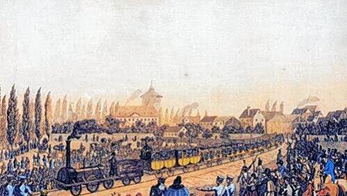 Aufbruch in die moderne Nervosität: Die Jungfernfahrt des „Adlers“ von Nürnberg nach Fürth am 7. Dezember 1835 auf einer zeitgenössischen Ansichtskarte. Aufbruch in die moderne Nervosität: Die Jungfernfahrt des „Adlers“ von Nürnberg nach Fürth am 7. Dezember 1835 auf einer zeitgenössischen Ansichtskarte.