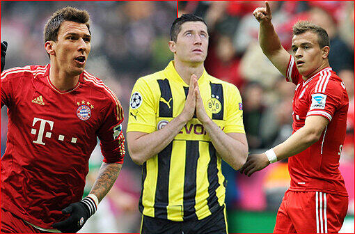 Ist da etwas dran? Angeblich ist der BVB verhandlungsbereit, wenn die Bayern Mandzukic oder Shaqiri (r.) zur Lewandowski-Ablöse drauflegen. Foto: firo/Augenklick