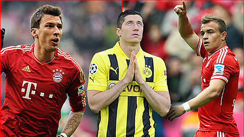 Ist da etwas dran? Angeblich ist der BVB verhandlungsbereit, wenn die Bayern Mandzukic oder Shaqiri (r.) zur Lewandowski-Ablöse drauflegen. Foto: firo/Augenklick