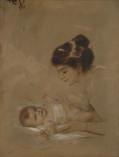 Lenbachs zweite Ehefrau Lolo beugt sich über Gabriele als Baby - im Jahr 1899. Lenbachs zweite Ehefrau Lolo beugt sich über Gabriele als Baby - im Jahr 1899.