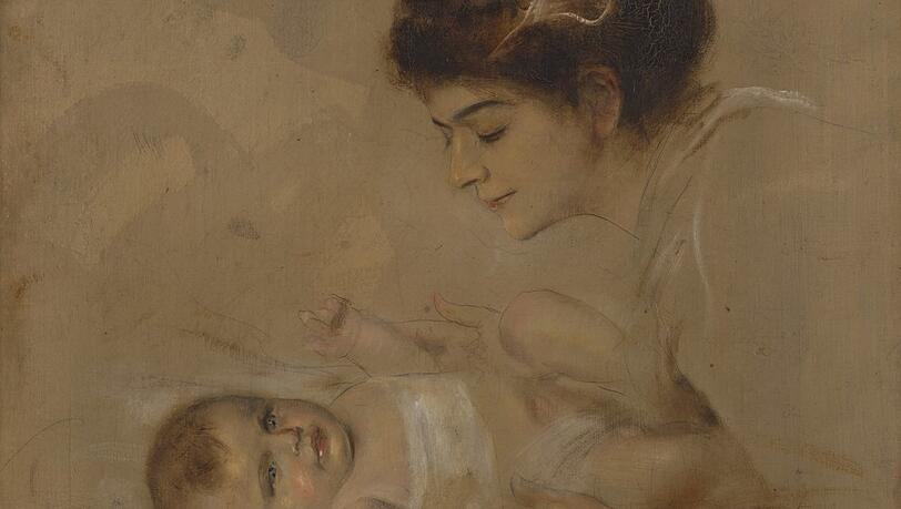 Lenbachs zweite Ehefrau Lolo beugt sich über Gabriele als Baby - im Jahr 1899. Lenbachs zweite Ehefrau Lolo beugt sich über Gabriele als Baby - im Jahr 1899.