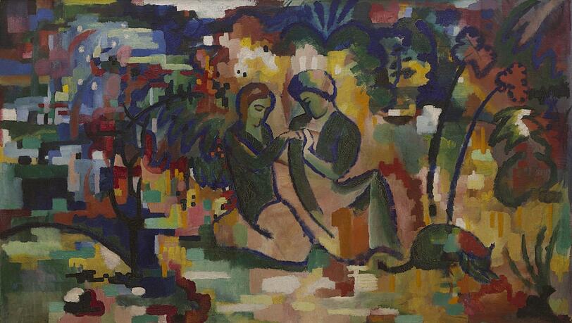 Die märchenhafte Beziehung zwischen Elisabeth und August Macke könnte dieser Entwurf für einen Wandteppich zum Ausdruck bringen. Der Maler hat 1912 ein Liebespaar in einem Paradiesgarten aquarelliert.