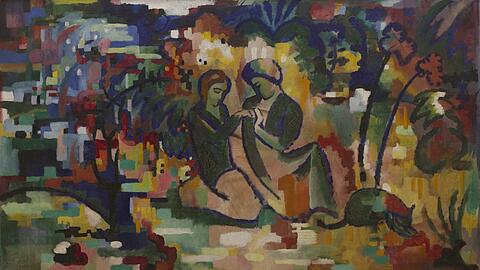 Die märchenhafte Beziehung zwischen Elisabeth und August Macke könnte dieser Entwurf für einen Wandteppich zum Ausdruck bringen. Der Maler hat 1912 ein Liebespaar in einem Paradiesgarten aquarelliert.