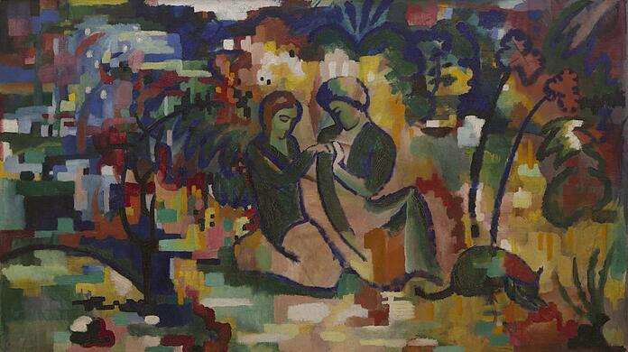 Die märchenhafte Beziehung zwischen Elisabeth und August Macke könnte dieser Entwurf für einen Wandteppich zum Ausdruck bringen. Der Maler hat 1912 ein Liebespaar in einem Paradiesgarten aquarelliert.