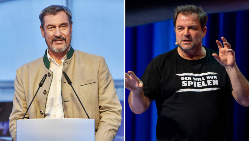 Markus Söder (li.) hat mal wieder zum Gesangsmikrofon gegriffen. Martin Rütter kann sich einen Seitenhieb gegen den Ministerpräsidenten nicht verkneifen.