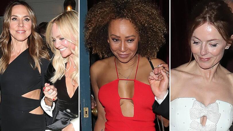 Victoria Beckhams Spice-Girl-Kolleginnen Mel C, Emma Bunton, Mel B und Geri Horner (v.l.n.r.) auf dem Weg zur Geburtstagssause