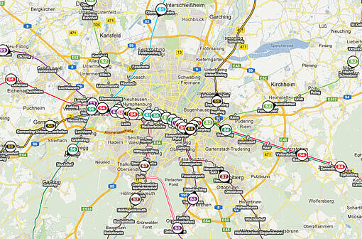 Das Münchner S-Bahn-Navi &ndash; hier die Darstellung auf dem Computerbildschirm: Jeder Zug ist als Kreis dargestellt.