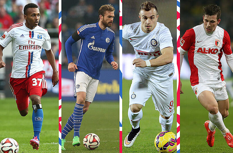 Von links nach rechts: Julian Green spielte beim Hamburger SV insgesamt nur 113 Minuten - Jan Kirchhoffs Zukunft ist noch offen. Schalke ließ eine Kaufoption verstreichen - Xherdan Shaqiri ist offiziell noch an Inter Mailand ausgeliehen, der Verkauf steht aber fest - Pierre-Emile Höjbjerg stand in allen Rückrundenspielen in Augsburgs Startelf