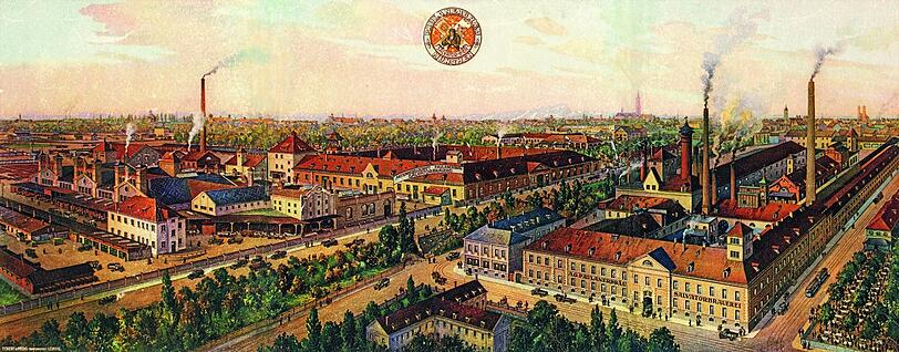 Brauereianlagen an der Ohlmüller- und Hochstraße um 1925 (nicht in allen Details der Realität entsprechend).