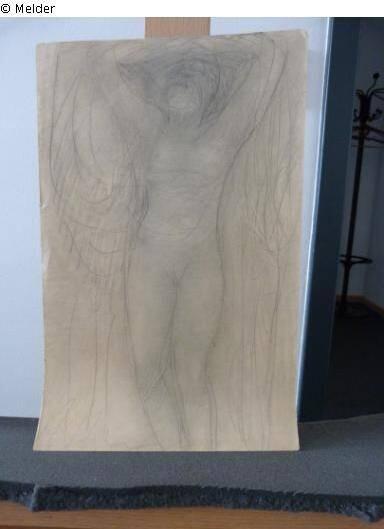 Auguste Rodin: «Etude de femme nue debout, les bras relevés, les mains croisées au-dessus de la tete», undatierte Zeichnung.