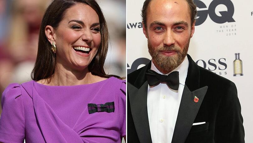 Prinzessin Kate während ihres umjubelten Auftritts in Wimbledon, daneben ihr Bruder James Middleton auf einer Aufnahme von 2018.