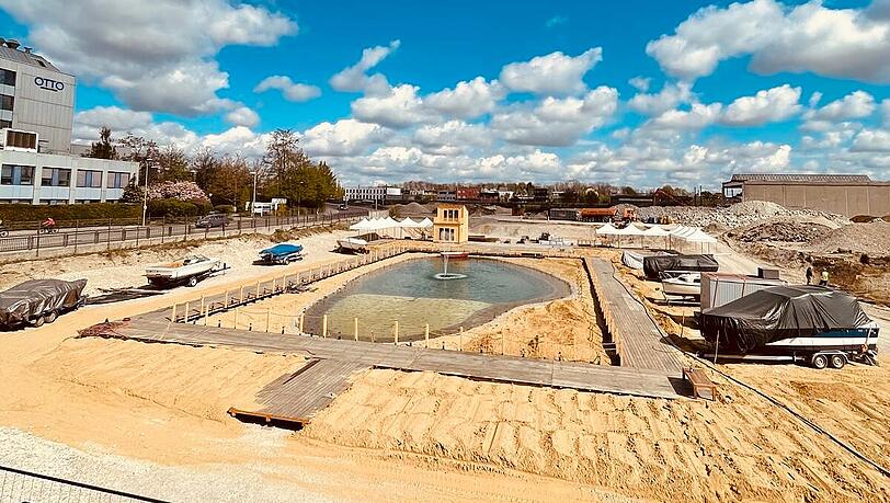 F&uuml;nf Jahre lang soll die Zwischennutzung "Marina Monaco" bestehen, danach baut hier die Hammer AG die "neue Schmiede", inklusive einem 99 Meter hohen B&uuml;roturm.