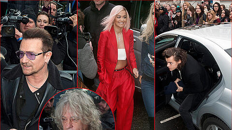 Wenn Bob Geldof ruft, lassen sich die Mega-Stars nicht zweimal bitten. Die Bilder der Ankunft von One Direction, Bono und Co. im Studio in London.