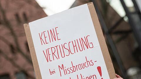 Eine Demonstrantin mit Plakat "Keine Vertuschung bei Missbrauchs Schuldigen!". Foto: Andreas Arnold/dpa/Archivbild