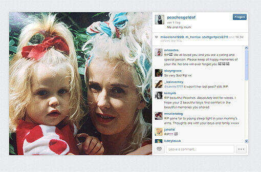 Am Sonntag postete Peaches Geldof ihr letztes Bild auf der Plattform Instagram. Mit den Worten "Me an my mum" hatte die Tochter von Sänger Bob Geldof ein Kindheitsbild von sich und ihrer verstorbenen Mutter, der
Fernsehmoderatorin Paula , veröffentlich.