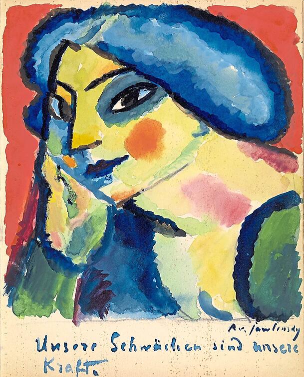 Alexej von Jawlensky aquarellierte 1912 eines seiner typischen Kopfporträts in Alfred Mayers Gästebuch I. Alexej von Jawlensky aquarellierte 1912 eines seiner typischen Kopfporträts in Alfred Mayers Gästebuch I.