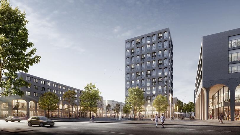 So soll das Stadtteilzentrum in Freiham aussehen: Unter den Arkaden soll man einkaufen.