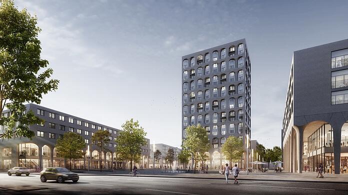So soll das Stadtteilzentrum in Freiham aussehen: Unter den Arkaden soll man einkaufen.