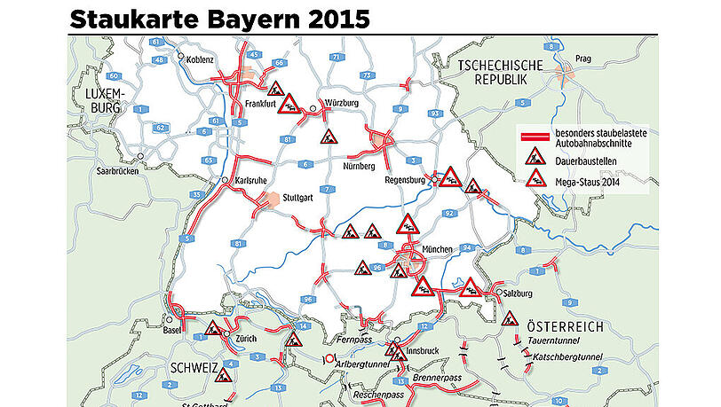 Die Staukarte des ADAC zeigt, wo Urlauber im August auf der Straße ins Stocken kommen könnten. Die Staukarte des ADAC zeigt, wo Urlauber im August auf der Straße ins Stocken kommen könnten.