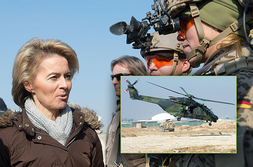 Der großes Rüstungsdeal von Verteidigungsministerin Urusla von Der Leyen wird vermutlich teurer als erwartet. (Kleines Bild: Der Transporthubschrauber NH90.)