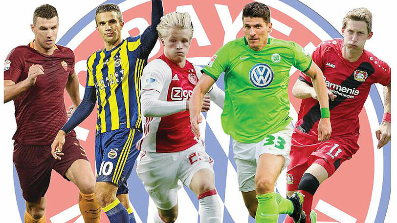 Bayerns Sturm-Kandidaten: Edin Dzeko, Robin van Persie, Kasper Dolberg, Mario Gomez und Stefan Kießling (v.l.).