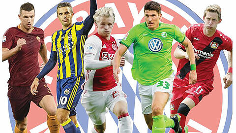 Bayerns Sturm-Kandidaten: Edin Dzeko, Robin van Persie, Kasper Dolberg, Mario Gomez und Stefan Kießling (v.l.).