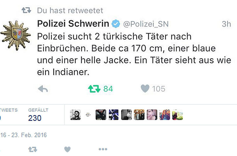Die Polizei in Schwerin blamierte sich mit einem Indianer-Tweet.