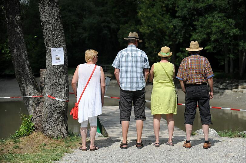 Wo ist die Alligator-Schildkröte? Zwei Frauen und zwei Männer stehen am Sonntagvormittag am Oggenrieder Weiher in Irsee bei Kaufbeuren.