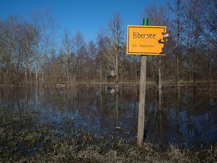 Ein handgemachtes gelbes Ortsschild verweist auf den "Bibersee" in der Nähe des Eppinger Ortsteils Adelshofen.