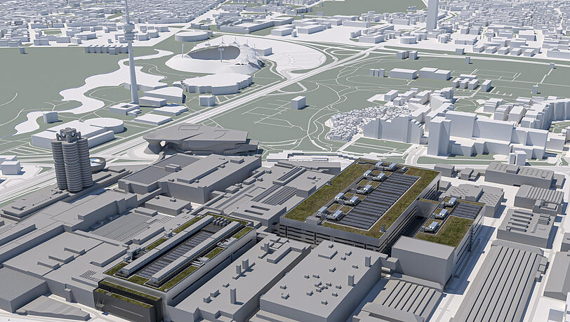 Eine Visualisierung zeigt, wie das Stammwerk von BMW in wenigen Jahren aussehen wird: Unten im Bild befindet sich der neue Karosseriebau, oben die geplante Montagehalle mit Logistik. Die beiden Gebäude ermöglichen ab 2026 die Produktion moderner Autos.