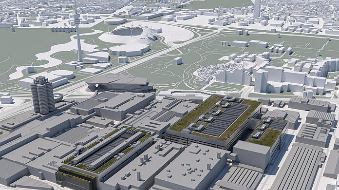 Eine Visualisierung zeigt, wie das Stammwerk von BMW in wenigen Jahren aussehen wird: Unten im Bild befindet sich der neue Karosseriebau, oben die geplante Montagehalle mit Logistik. Die beiden Gebäude ermöglichen ab 2026 die Produktion moderner Autos.
