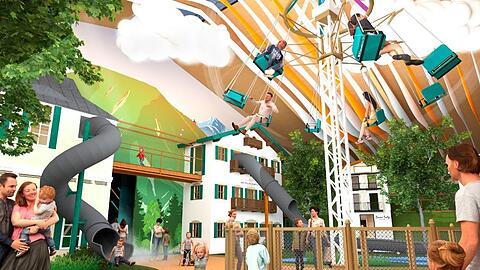 So soll es Mitte August aussehen - die neue Sport- und Spielattraktion am Tegernsee von Unternehmer Korbinian Kohler, der erste Einblicke auf einer Baustellenführung gegeben hat.