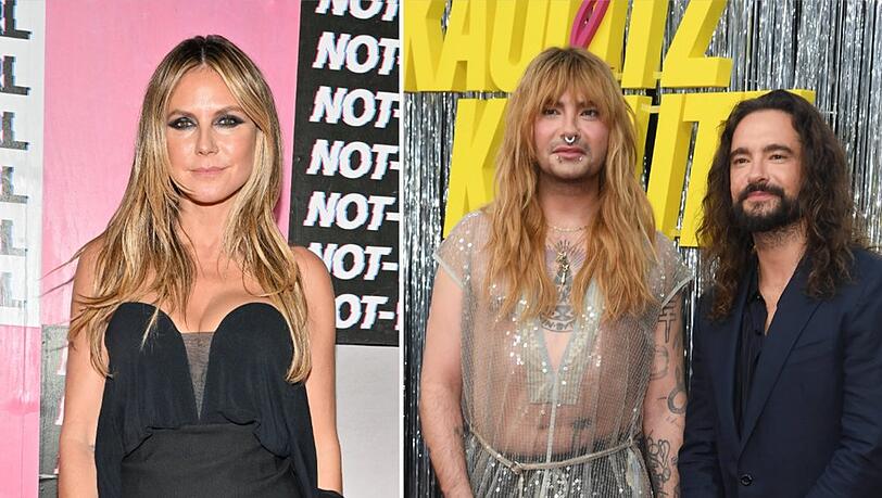 Heidi Klum (li.) sendet Herzchen-Gr&uuml;&szlig;e an Bill und Tom Kaulitz (re.).