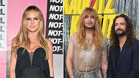 Heidi Klum (li.) sendet Herzchen-Gr&uuml;&szlig;e an Bill und Tom Kaulitz (re.).